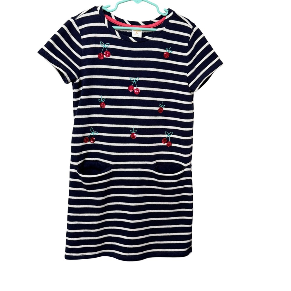 Gymboree Girls Navy Blue White Striped Sequin Cherry T-Shirt Dress Size M 7-8